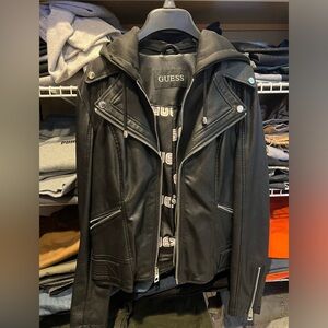 Guess Black Hooded Leather Jacket